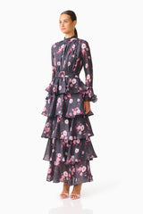 Florisse Tiered Maxi Dress in Black & Pink Floral with long sleeves and a collar neckline side shot