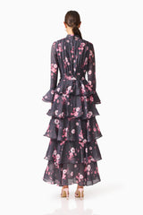 Florisse Tiered Maxi Dress in Black & Pink Floral with long sleeves and a collar neckline back shot