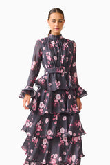 Florisse Tiered Maxi Dress in Black & Pink Floral with long sleeves and a collar neckline close up shot