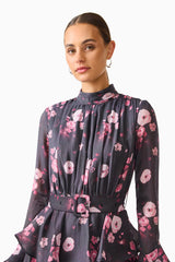 Florisse Tiered Maxi Dress in Black & Pink Floral with long sleeves and a collar neckline detail shot