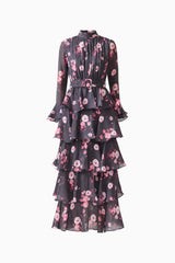 Florisse Tiered Maxi Dress in Black & Pink Floral with long sleeves and a collar neckline ghost shot