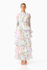 Florisee Tiered Maxi Dress in Blue & Pink Floral with long sleeves & collar neckline front shot