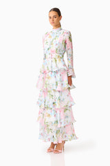 Florisee Tiered Maxi Dress in Blue & Pink Floral with long sleeves & collar neckline side shot