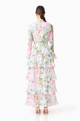 Florisee Tiered Maxi Dress in Blue & Pink Floral with long sleeves & collar neckline back shot