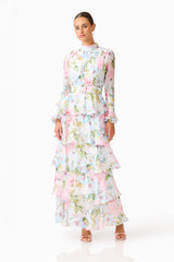Florisee Tiered Maxi Dress in Blue & Pink Floral with long sleeves & collar neckline posed shot