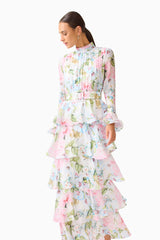 Florisee Tiered Maxi Dress in Blue & Pink Floral with long sleeves & collar neckline close up shot