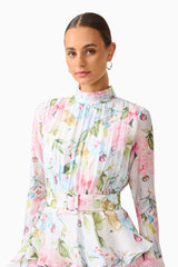 Florisee Tiered Maxi Dress in Blue & Pink Floral with long sleeves & collar neckline detail shot