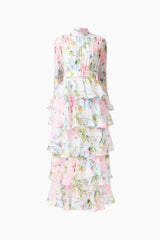 Florisee Tiered Maxi Dress in Blue & Pink Floral with long sleeves & collar neckline ghost shot