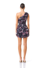Florisse Ruffle Mini Dress in Black & Pink Floral with one shoulder neckline back shot