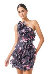 Florisse Ruffle Mini Dress in Black & Pink Floral with one shoulder neckline close up shot