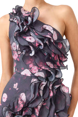 Florisse Ruffle Mini Dress in Black & Pink Floral with one shoulder neckline detail shot