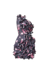 Florisse Ruffle Mini Dress in Black & Pink Floral with one shoulder neckline ghost shot