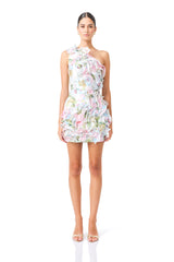 Florisse Ruffle Mini Dress in Blue & Pink Floral with one shoulder neckline front shot