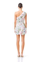 Florisse Ruffle Mini Dress in Blue & Pink Floral with asymmetrical back, back shot