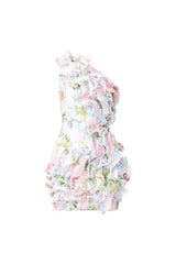 Florisse Ruffle Mini Dress in Blue & Pink Floral with one shoulder neckline ghost shot