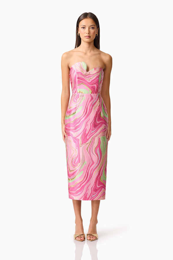Brunette model wearing the Mirella Strapless Midi Dress in Pink front shot