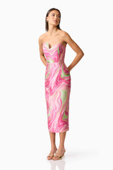 Brunette model wearing the Mirella Strapless Midi Dress in Pink posed shot