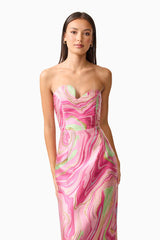 Brunette model wearing the Mirella Strapless Midi Dress in Pink close up shot