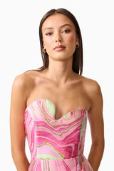Brunette model wearing the Mirella Strapless Midi Dress in Pink detail shot