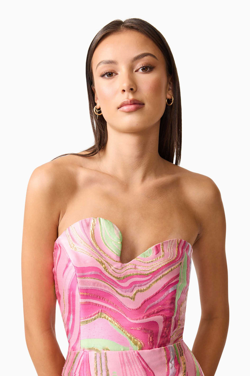 Brunette model wearing the Mirella Strapless Midi Dress in Pink detail shot