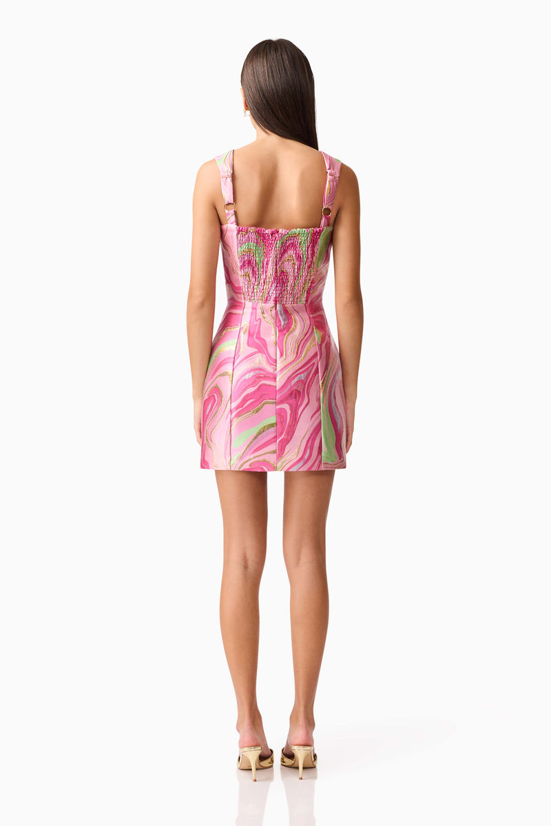 Brunette model wearing the Mirella Fitted Mini Dress in Pink back shot