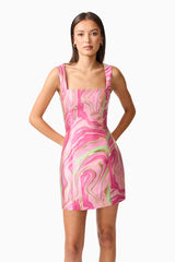 Brunette model wearing the Mirella Fitted Mini Dress in Pink close up shot