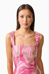 Brunette model wearing the Mirella Fitted Mini Dress in Pink detail shot