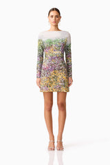 Brunette model wearing the Arden Long Sleeve Mini Dress in Multi Ombre front shot