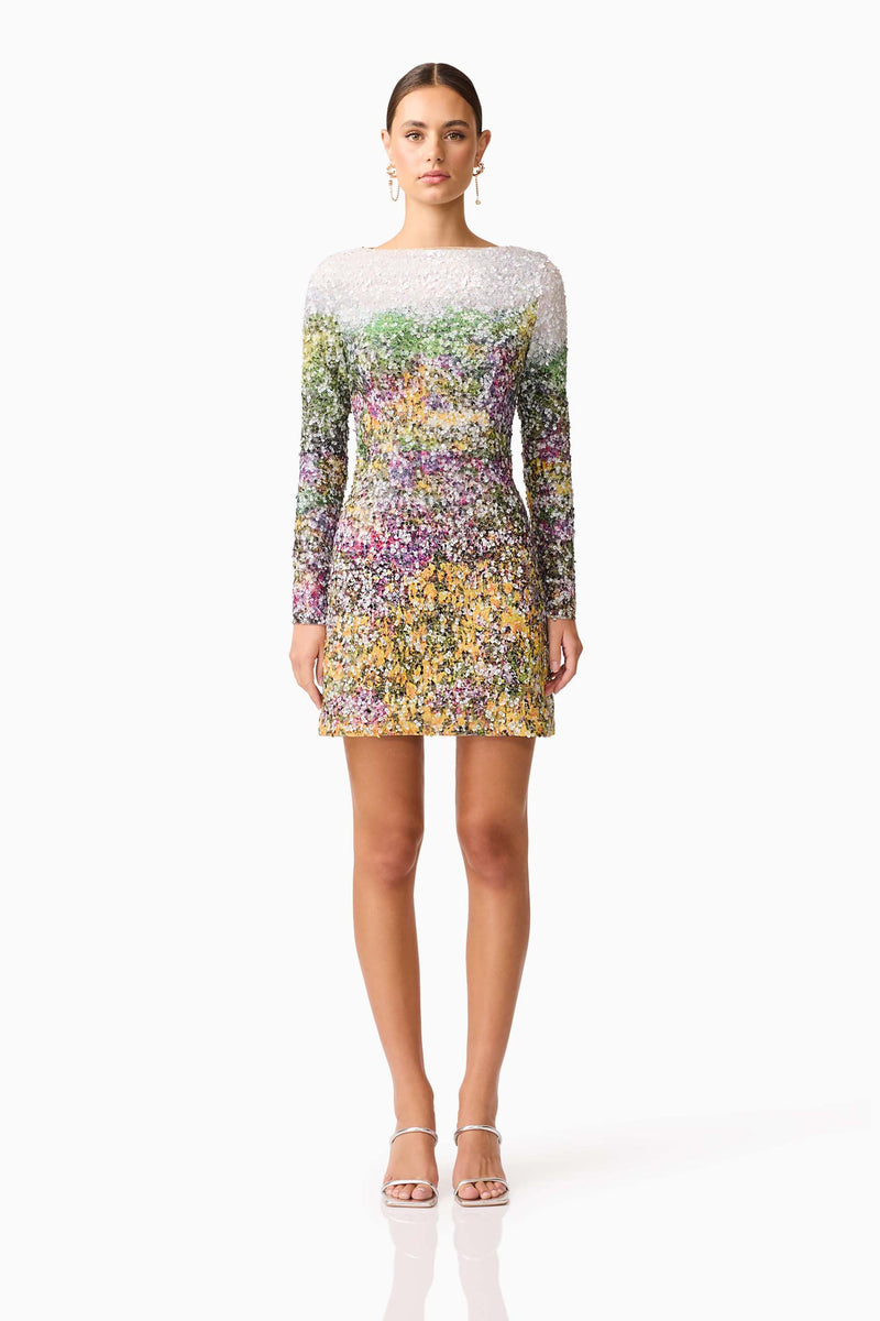 Brunette model wearing the Arden Long Sleeve Mini Dress in Multi Ombre front shot