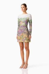 Brunette model wearing the Arden Long Sleeve Mini Dress in Multi Ombre side shot