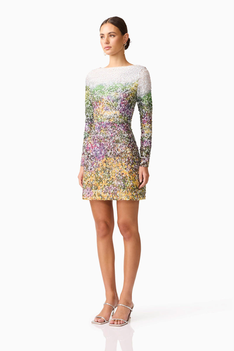 Brunette model wearing the Arden Long Sleeve Mini Dress in Multi Ombre side shot