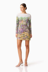 Brunette model wearing the Arden Long Sleeve Mini Dress in Multi Ombre posed shot