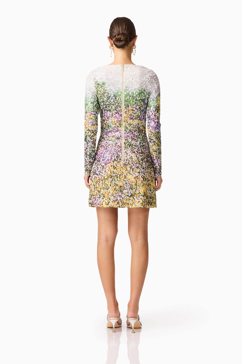 Brunette model wearing the Arden Long Sleeve Mini Dress in Multi Ombre back shot
