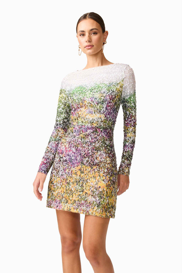 Brunette model wearing the Arden Long Sleeve Mini Dress in Multi Ombre close up shot