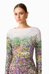 Brunette model wearing the Arden Long Sleeve Mini Dress in Multi Ombre detail shot