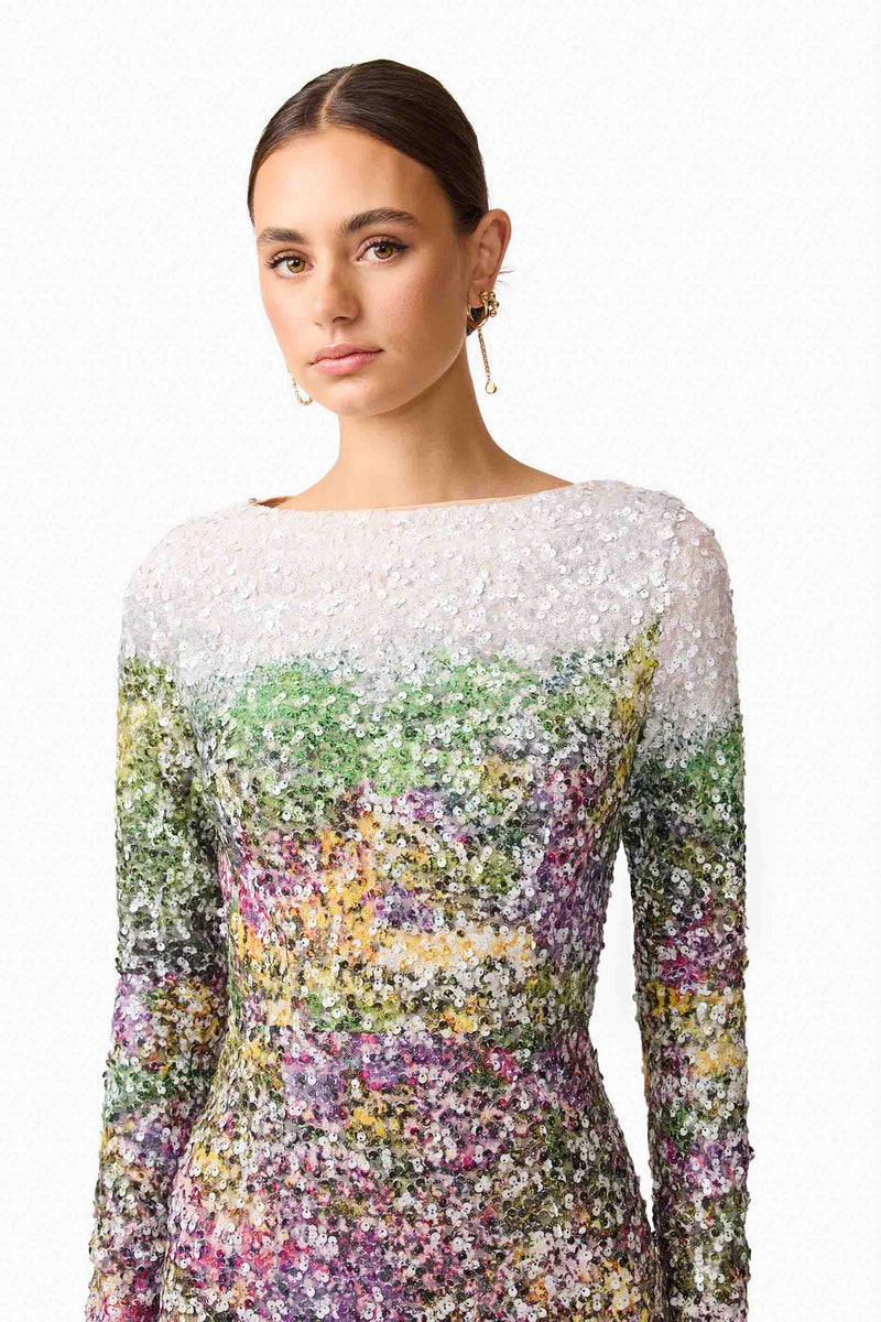 Brunette model wearing the Arden Long Sleeve Mini Dress in Multi Ombre detail shot