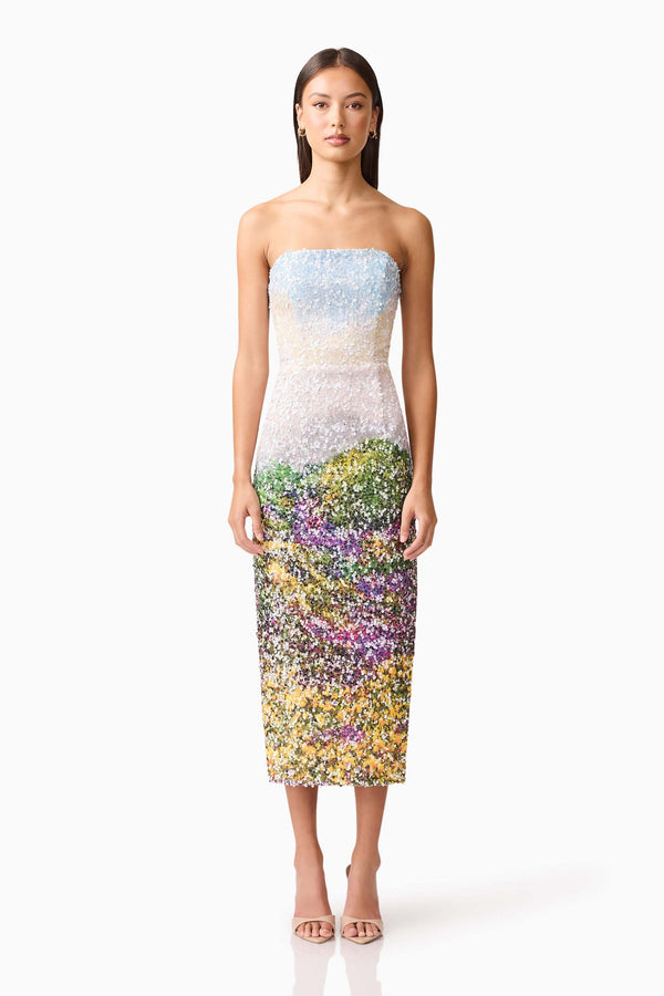 Brunette model wearing the Arden Strapless Midi Dress in Multi Ombre front shot