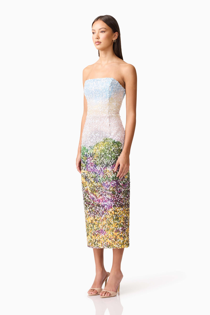 Brunette model wearing the Arden Strapless Midi Dress in Multi Ombre side shot