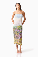 Brunette model wearing the Arden Strapless Midi Dress in Multi Ombre posed shot