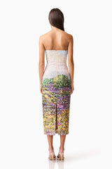 Brunette model wearing the Arden Strapless Midi Dress in Multi Ombre back shot