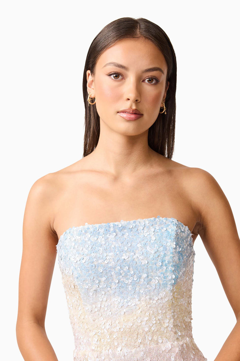 Brunette model wearing the Arden Strapless Midi Dress in Multi Ombre detail shot