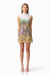 Brunette model wearing the Arden Shift Mini Dress in Multi Ombre front shot