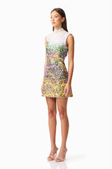 Brunette model wearing the Arden Shift Mini Dress in Multi Ombre side shot