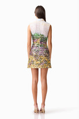 Brunette model wearing the Arden Shift Mini Dress in Multi Ombre back shot