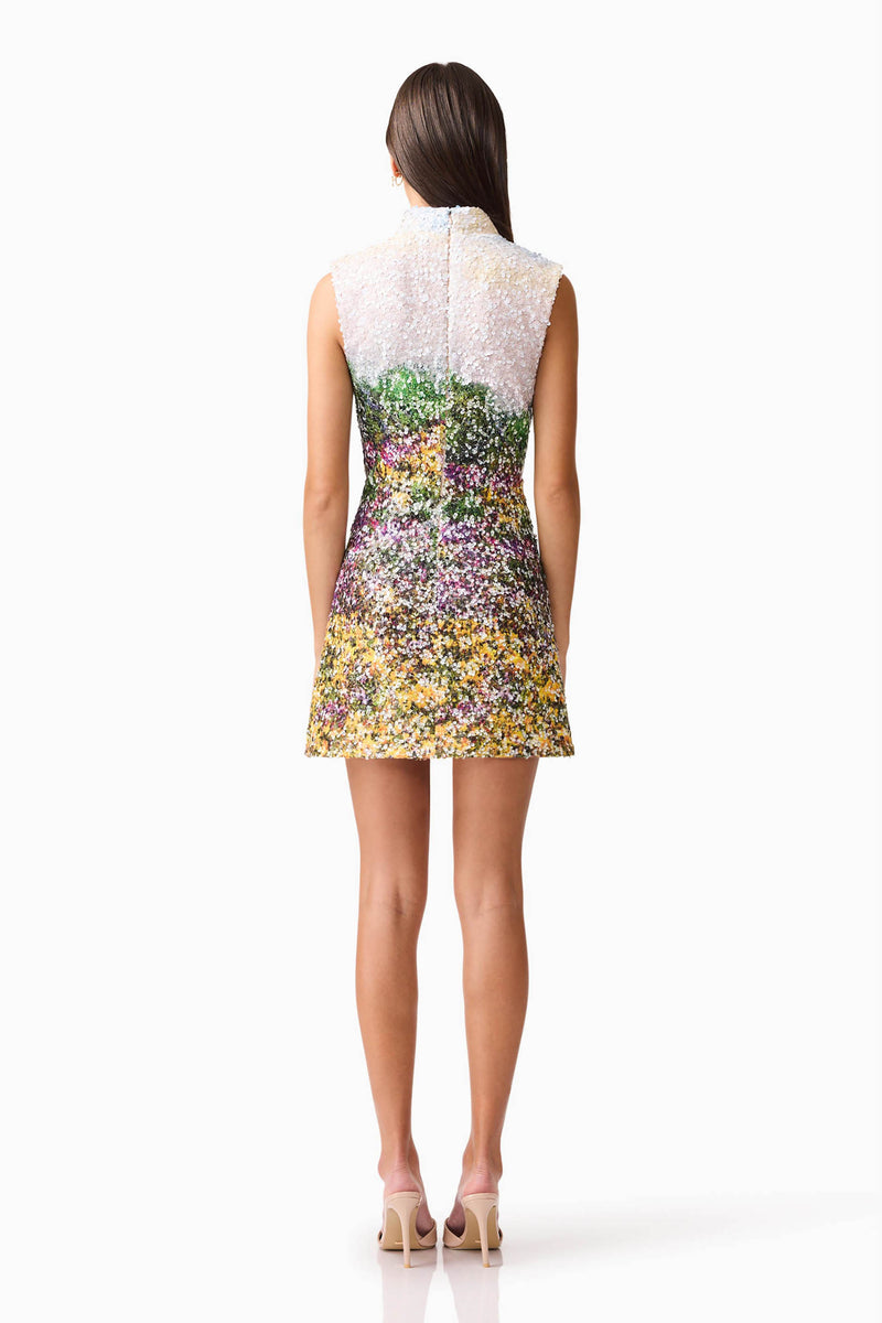 Brunette model wearing the Arden Shift Mini Dress in Multi Ombre back shot