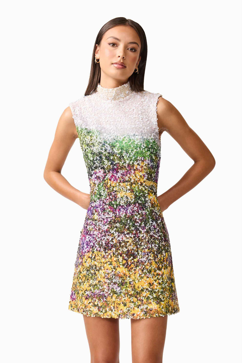 Brunette model wearing the Arden Shift Mini Dress in Multi Ombre close up shot