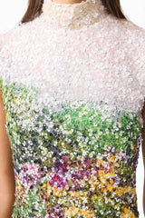 Brunette model wearing the Arden Shift Mini Dress in Multi Ombre detail shot