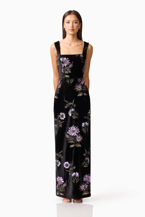 Brunette model wearing the Clio Sequin Gown in Black front shot