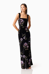 Brunette model wearing the Clio Sequin Gown in Black posed shot