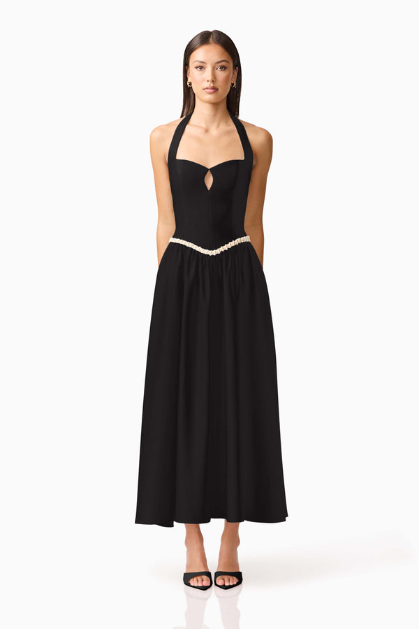Brunette model wearing Hester Halter Gown in Black front shot